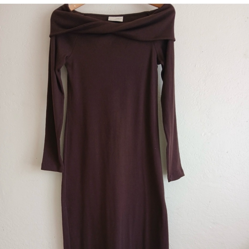NWT Chocolate Brown Off Shoulder Ribbed Midi Dress Long Sleeve Bodycon Medium - Picture 4 of 13